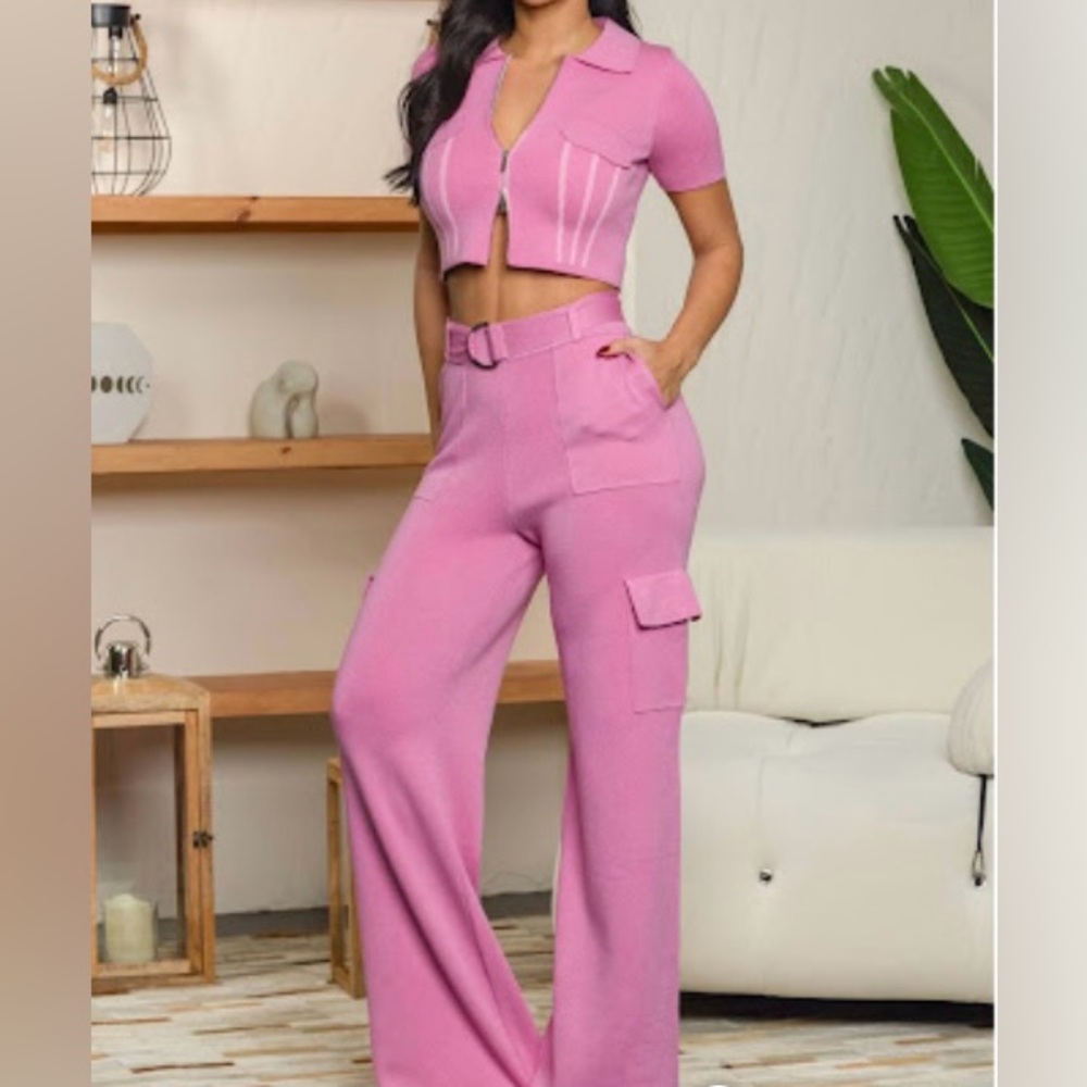 Pink Wide Leg Pants with zip up crop top
